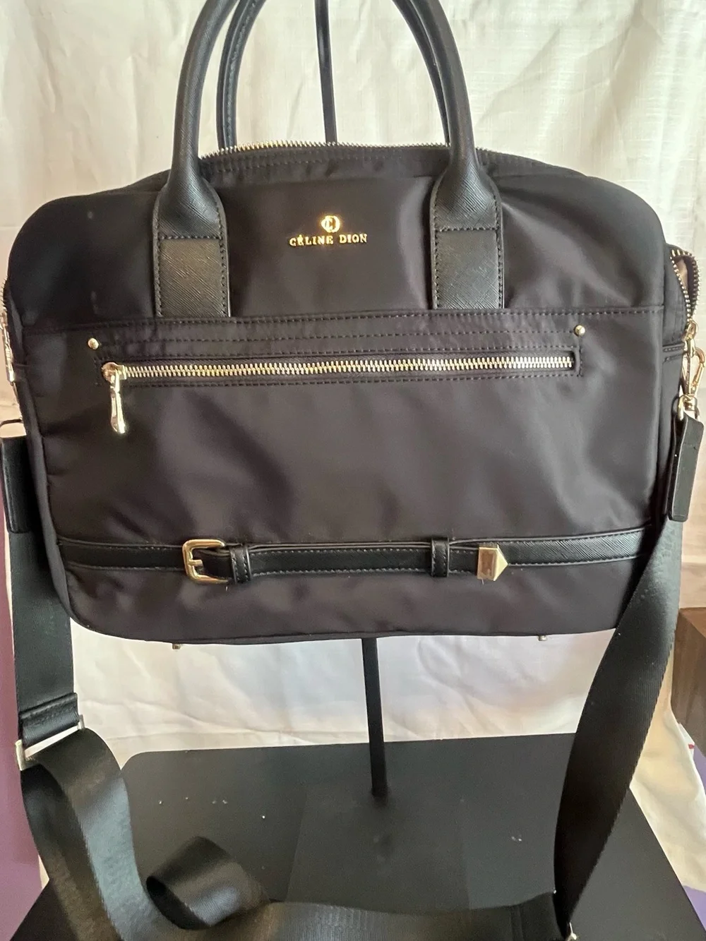 Céline Dion Black Nylon Laptop Bag with Gold Accents